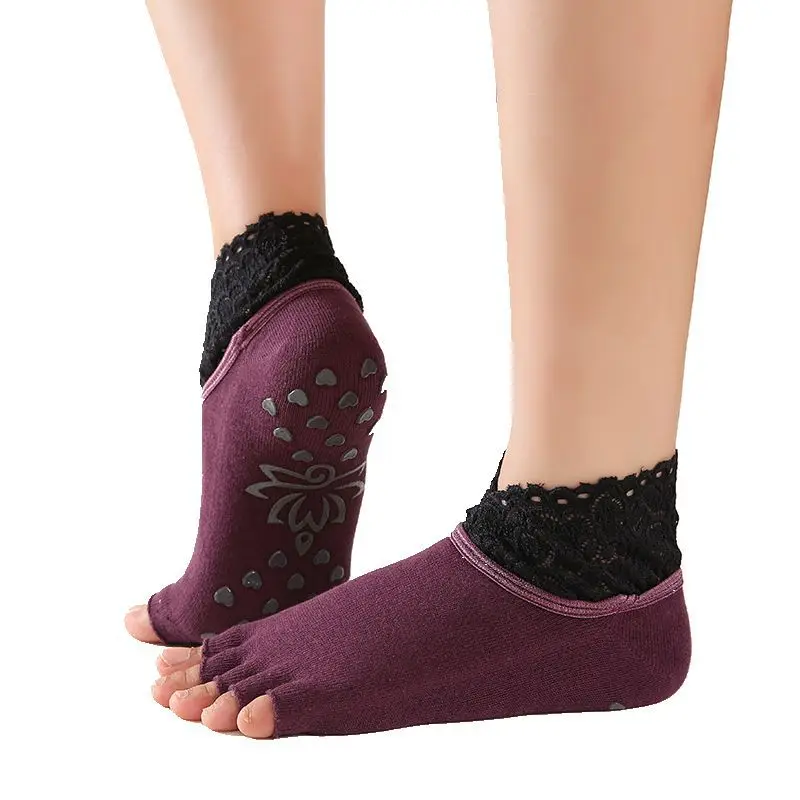 5 пар/компл. кружево для занятий спортом, женские спортивные «Five Finger», носки для девочек, хлопковые спортивные Йога голой палец нескользящие носки кроссовки - Цвет: purple