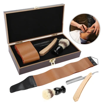 

3Pcs/set Classic Manual Shaver Set Folding Straight Shaving Razor Shaving Knife + Shaving Brush+ Strop Belt +Wooden Gift Box