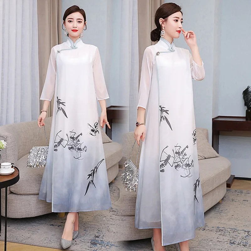 

Ink Printed Zen Chinese-style Dress Spring And Summer New Style Chinese Button Knots Improved Cheongsam Mid-length Elegant