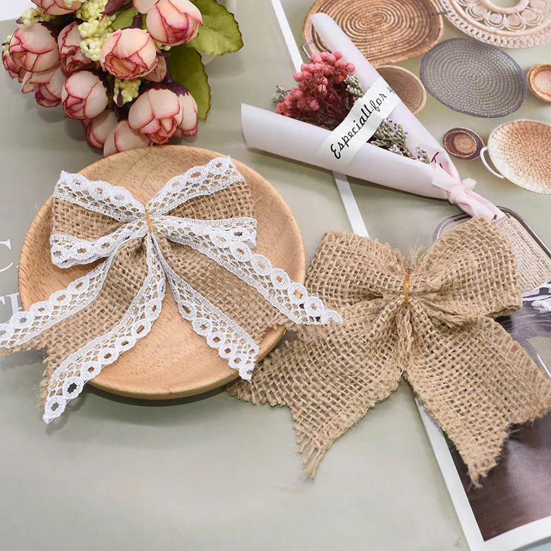 

5Pcs Natural Jute Burlap Hessian Bowknot Handmade Bows with Lace for Christmas Tree Ornament Wedding Birthday Party DIY Gift Box