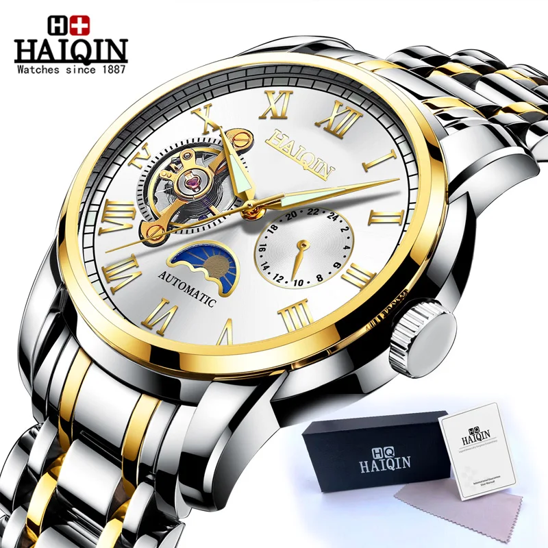 Gold White S Новинка HAIQIN, мужские механические часы, автоматические мужские часы, Топ бренд, роскошные часы, мужские наручные часы в Военном Стиле, Relogio Masculino - Цвет: Gold White S