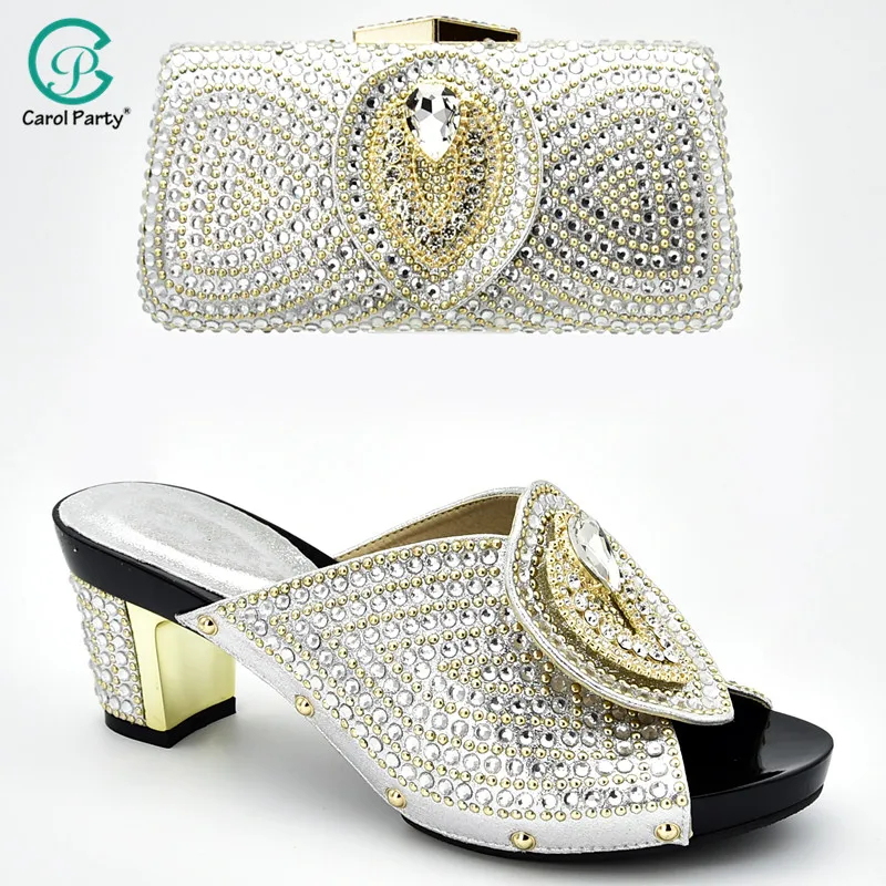 

Special Style New Comming Italian design Women Shoes and Evening Bag to match Decorate with Rhinestone for Party in Sliver Color