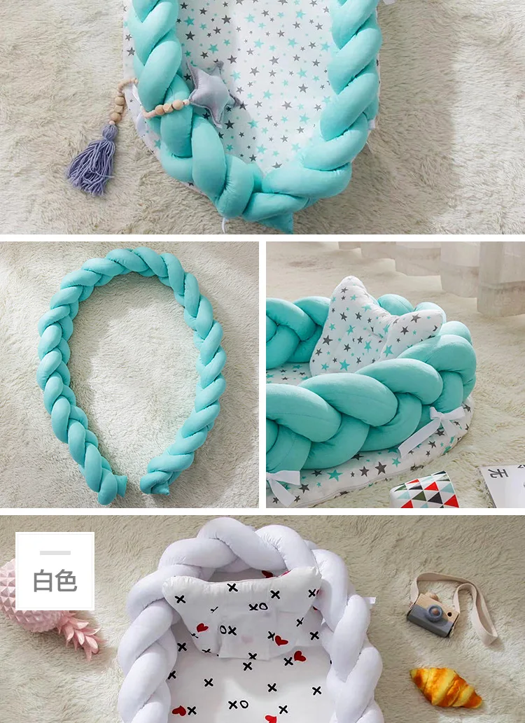 Portable Baby Knit Crib with Pillow Newborn Sleeping Nest Playen Bed Travel Bassinet Bumper Removable And Washable 0-24months