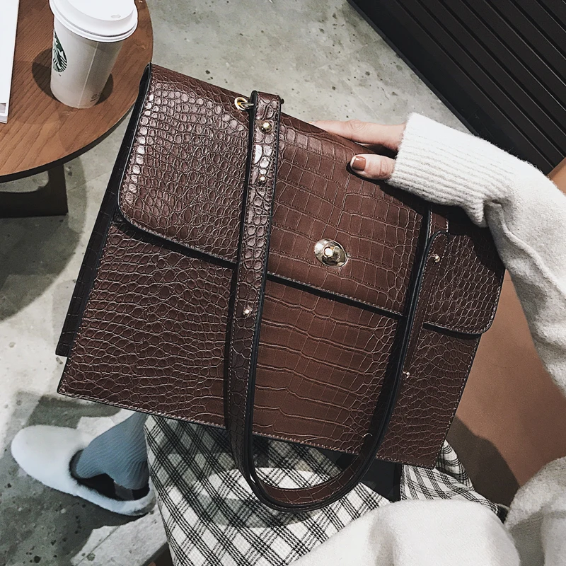 Vente Mode européenne femme grand sac fourre tout 2019 nouvelle qualité PU cuir femmes grand sac à main motif Crocodile épaule Messenger sacs