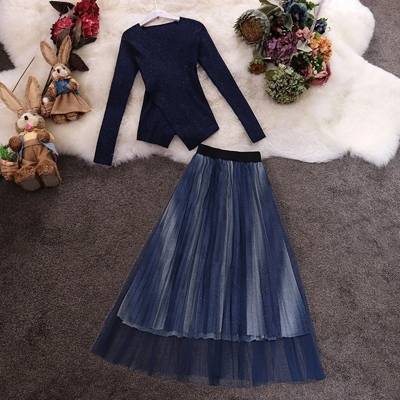 Amolapha Женский вязаный свитер с v-образным вырезом, блестящий вязаный свитер с длинным рукавом+ юбка в стиле пэчворк градиентного цвета, комплект одежды из 2 предметов
