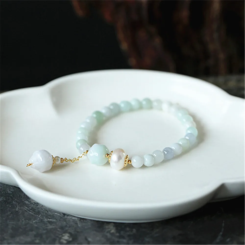 

Natural Freshwater Pearl Emerald Jade Bead Lotus Pendant Bracelet 14K Gold Filled Women Bracelet Cute Rosary Jadeite Jewelry