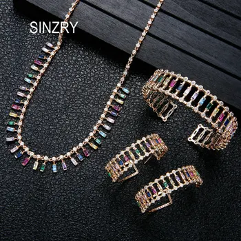

SINZRY hotsale colorful cubic zirconia bright gorgeous rainbow chokers necklace earring bangle jewelry sets for female