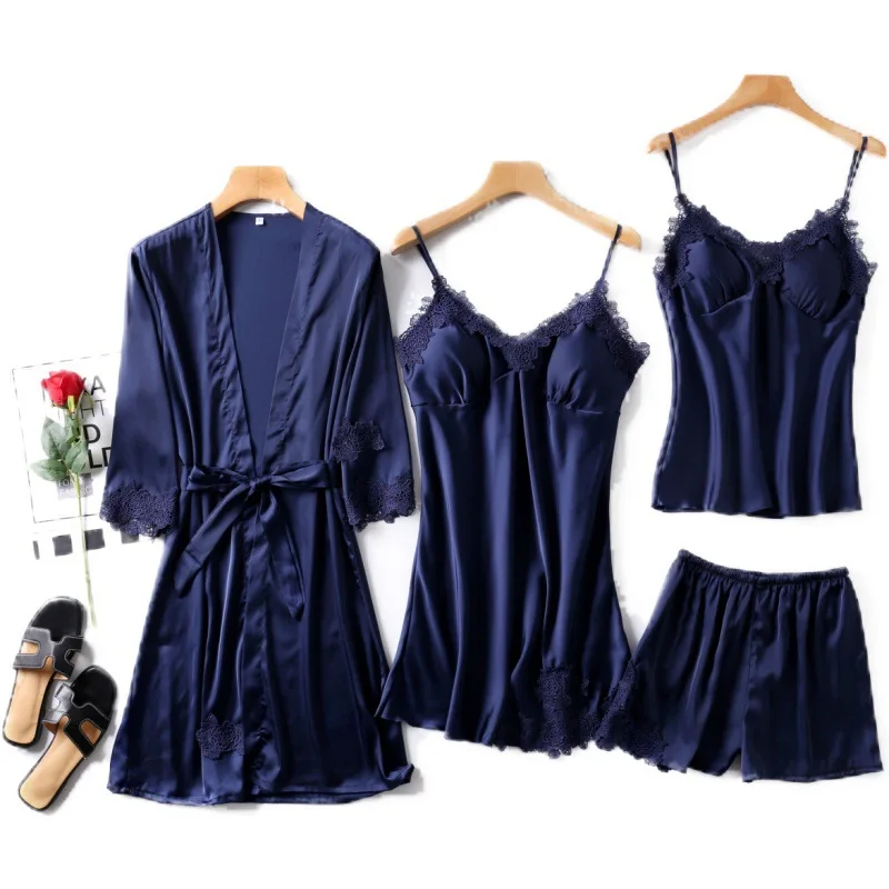 4pieces/set Sexy Pajamas Set for Women Girls Silk Dressing Gown Lace Sling Shorts Summer Robe Sleepwear Autumn Winter Home Wear