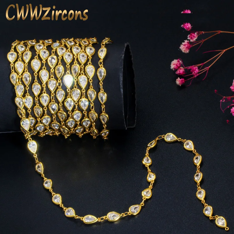 

CWWZircons 1 Meter Gold Color Handmade Cubic Zirconia Bead Necklace Anklet Bracelet Link Chain for DIY Jewelry Findings D002