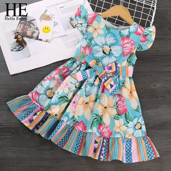 

HE Hello Enjoy Girls Summer Dresses Kids Clothes 2020 New Casual Little Flying Sleeve Printed Flower Holiday Princess Dress 3-8Y