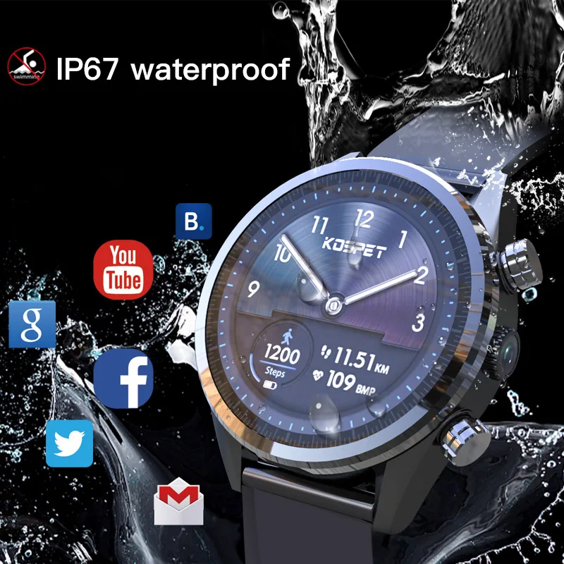Смарт часы KOSPET HOPE 3 ГБ 32 gps Android 7 1 IP67 водонепроницаемая камера 8 0 МП 39 дюйма 620 мА/ч 4G
