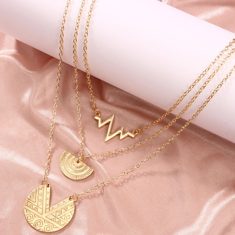 Vintage Boho Geometric Pendant Necklace for Women Bohemian Gold Electrocardiogram Semicircle Choker Collier Femme Bijoux