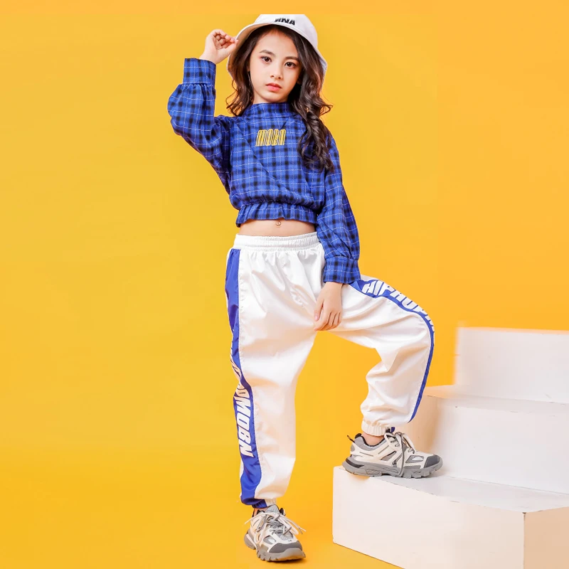 Blue Girls Boys Hip Hop Hoodies Dance Clothes for Kids Jazz Dancing Costumes SweaterShirt Ballroom Crop Tops Plaid Jogger Pants (1)