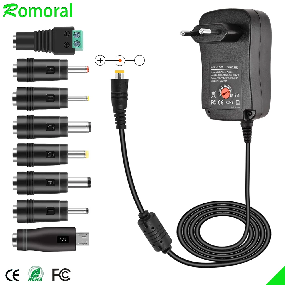 Adaptador de fuente de alimentación ajustable universal para luces led, para tira de luces, 3V, 4,5 V, 5V, 6V, 7,5 V, 9V, 12V, 2 a, 2,5 a, CA/CC