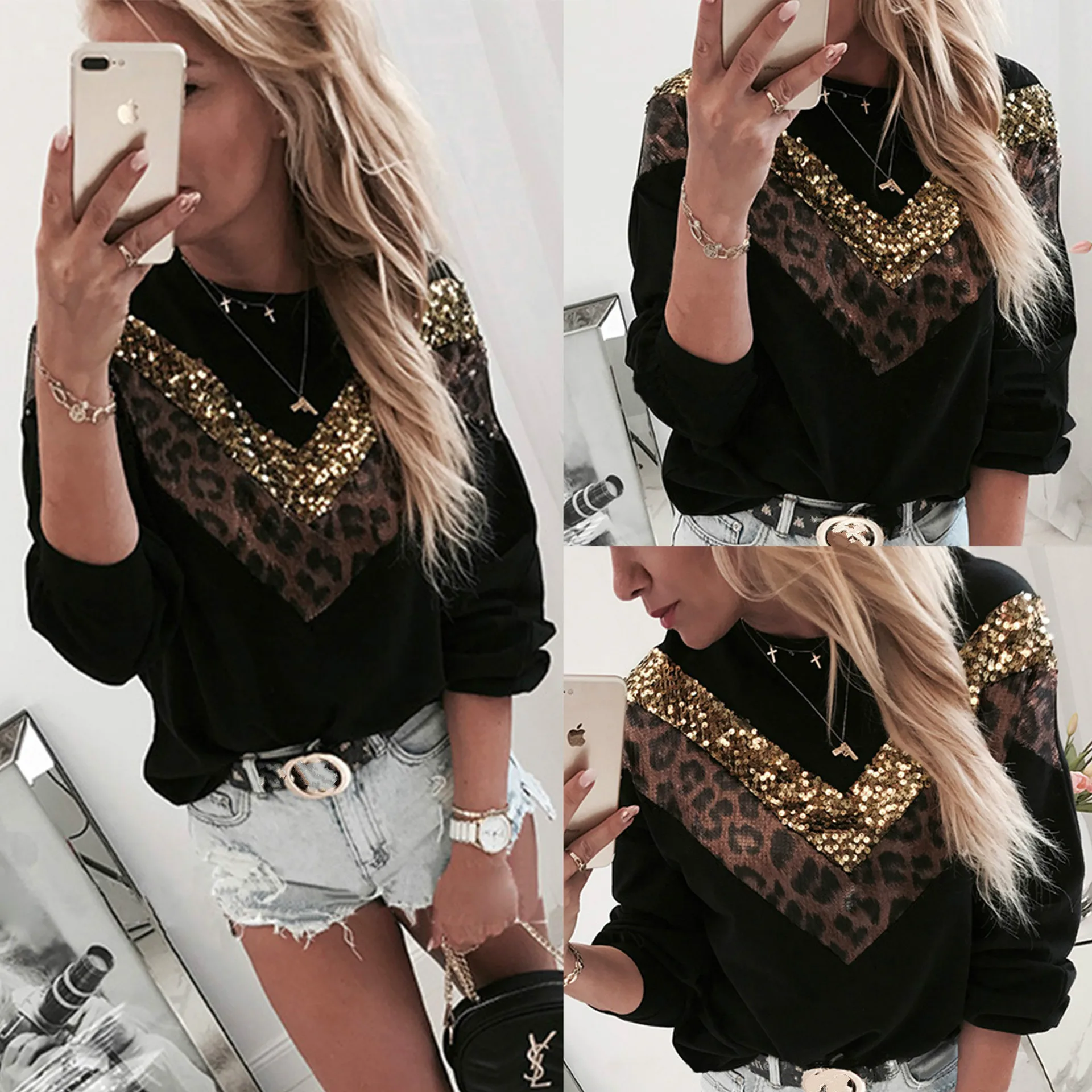

Fall Clothing Casual Long Sleeve Tops and Shirt Fashion Casual Long Sleeve Leopard Squin Patchwork Longs Sleeve Women Blouse