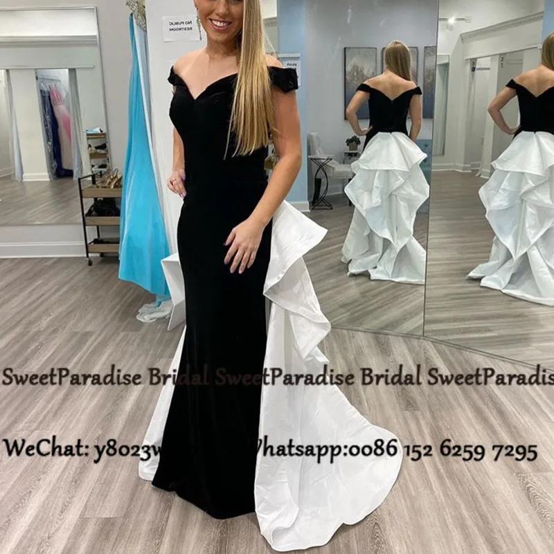 Off Shoulder Mermaid Avondjurk Met Ruches Rok Zwart En Wit Satijn 2020 Lange Robe De Soiree Prom Dresses Gown Off Shoulder Mermaid Avondjurk Met Ruches Rok Zwart En Wit Satijn 2020 Lange Robe De Soiree Prom Dresses Gown