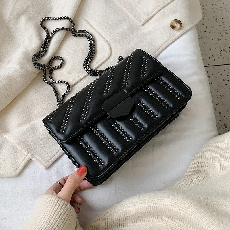 

Small PU Leather Crossbody Bags For Women 2020 Rivets Designer Chain Shoulder Messenger Bag Female Travel Handbags