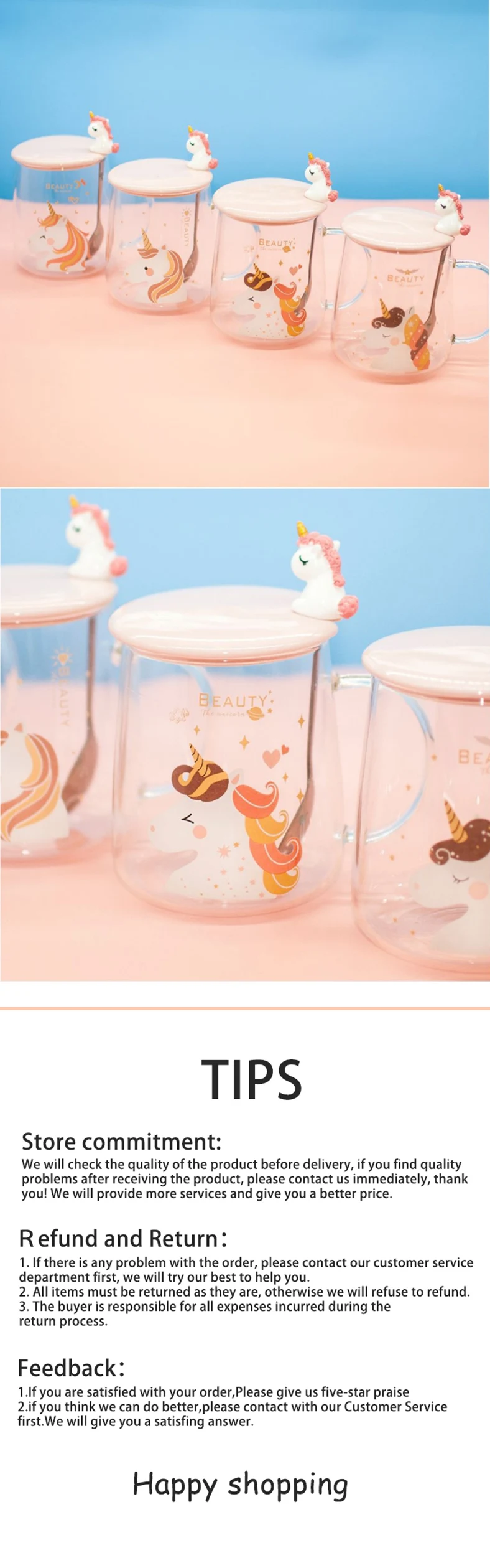 Cute unicorn transparent glass cup with lid spoon