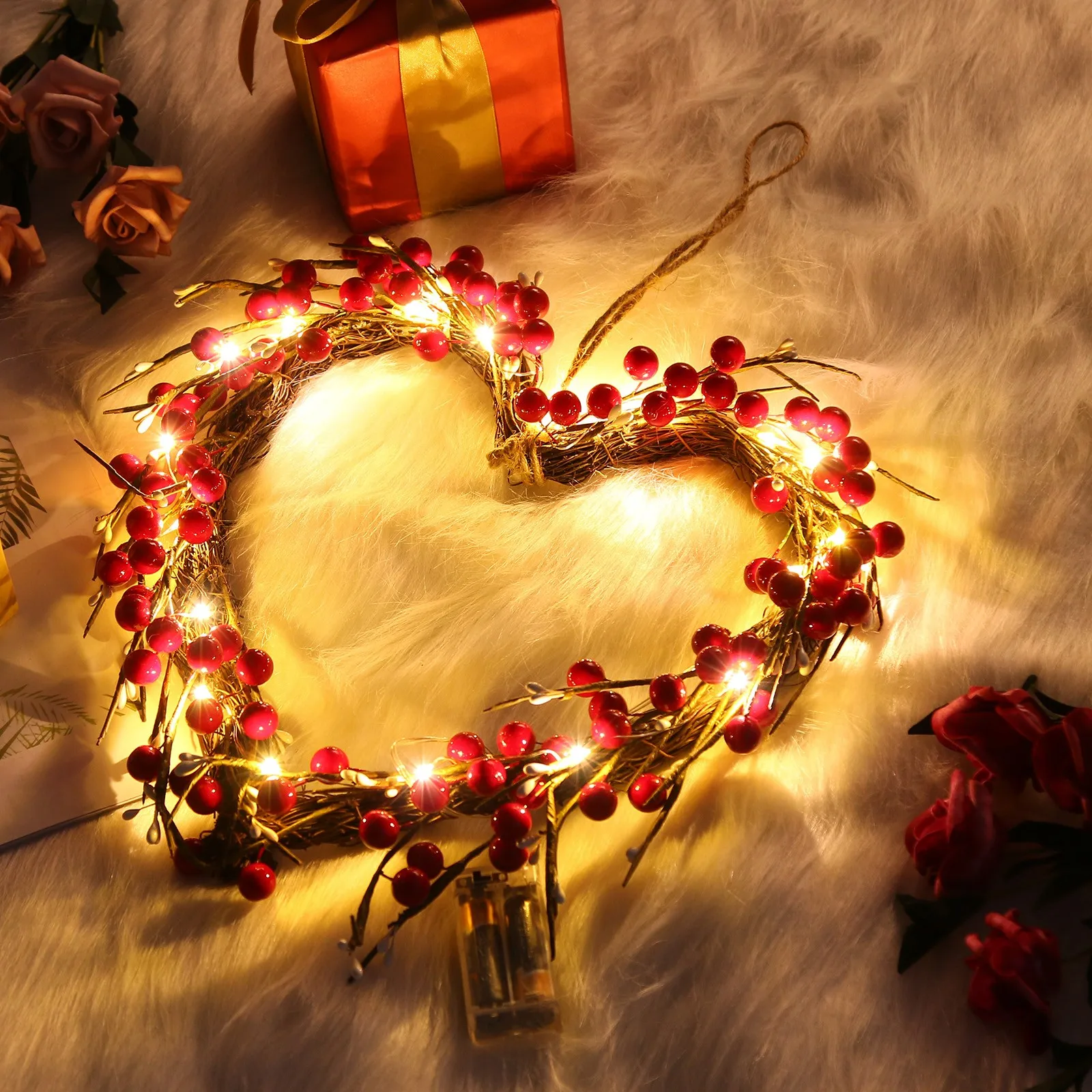 16-Inch Heart-shaped Valentine's Day Decorative Garland With Lights front door decoration Battery Operated | Дом и сад