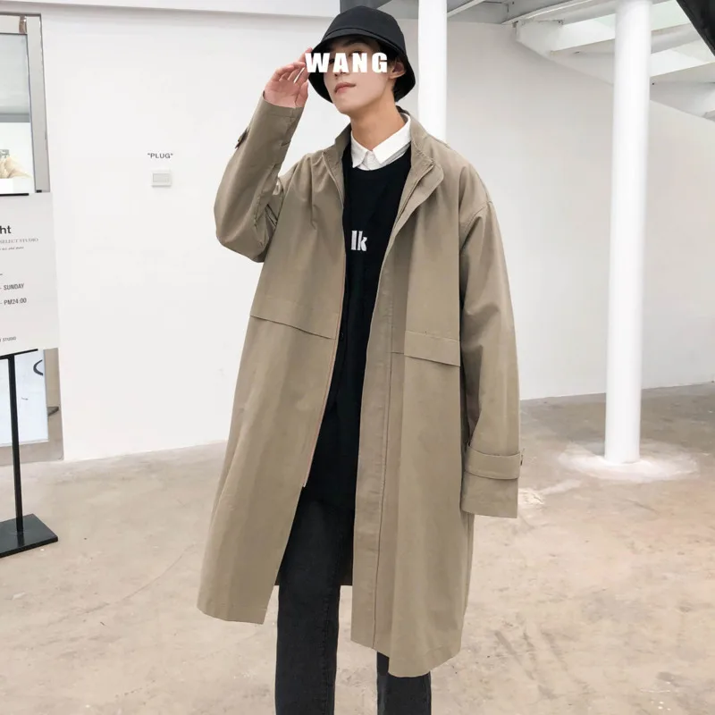 

2020Autumn And Winter New Youth Popular Men's Korean Solid Color Mid-length Windbreaker Fashion Casual Stand-up Collar Loose Top