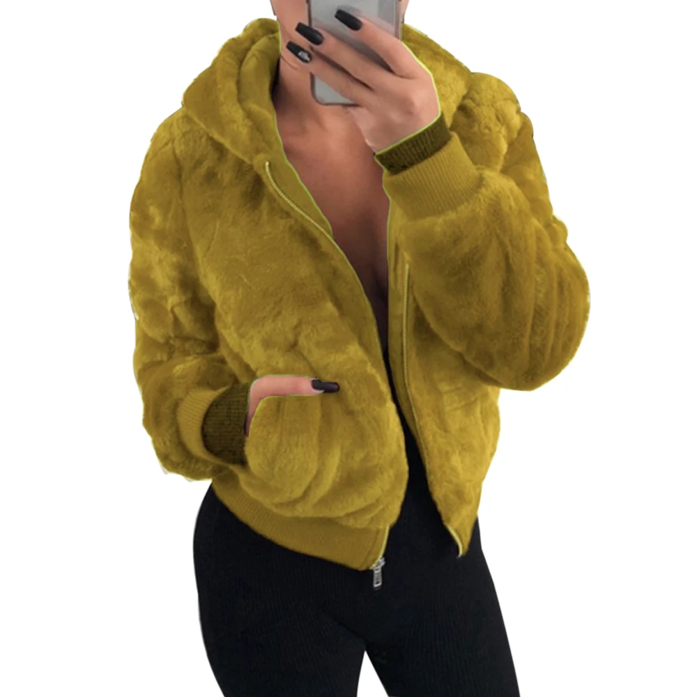 LITTHING зимнее короткое пальто из искусственного меха, Женская куртка на молнии, утепленное плюшевое пальто из искусственного меха с капюшоном и карманами, пальто из флиса с отложным воротником - Цвет: yellow