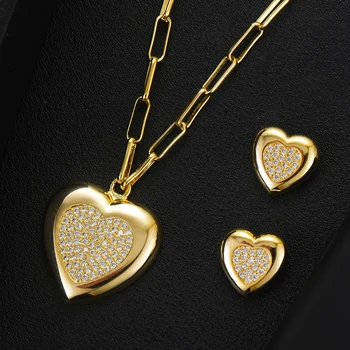 

missvikki Luxury Nigeria 2pcs Gold Heart Necklace Earrings Zirconia Jewelry Sets For Women Party Dubai CZ Wedding Jewelry Set