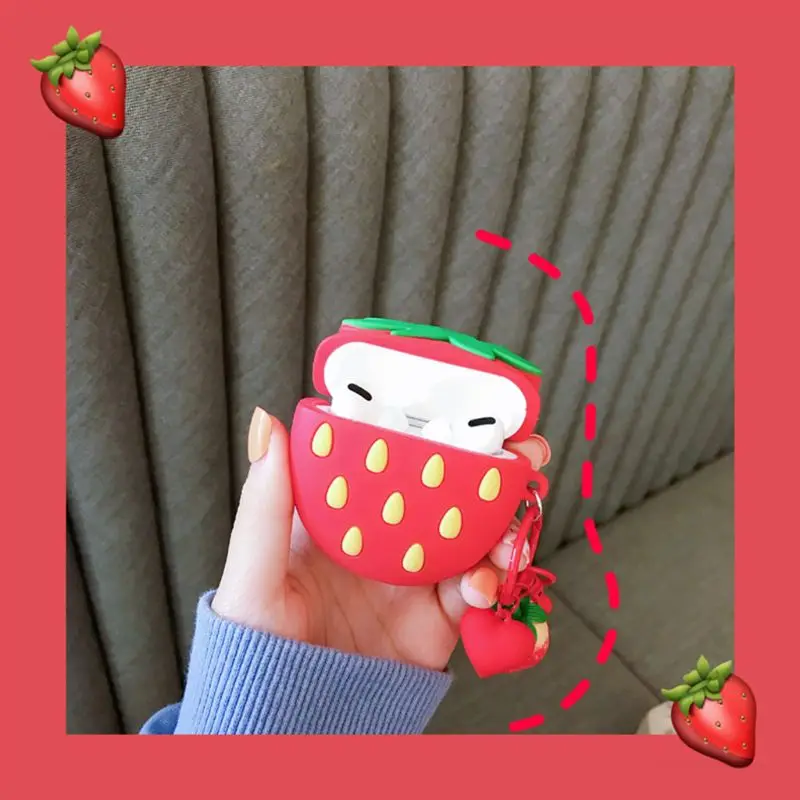 

Red Strawberry Silicone Case Protective Cover with Keychain for Airpods Pro