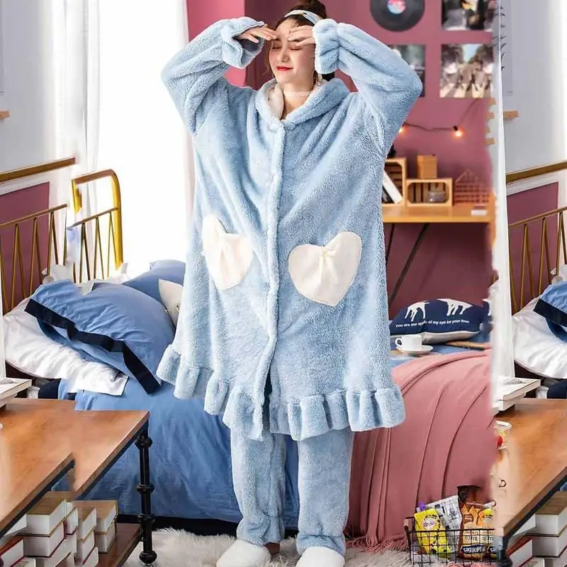 

Fall Winter Women Pajamas Set Hooded Female Thick Flannel Warm Pajama Set Full Trousers Cartoon Animal Long Sleeve Sleepwear