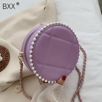 

[BXX] PU Leather Crossbody Round Bags For Women 2020 Summer Pearl Solid Color Shoulder Handbags Female Cross Body Bag HN095