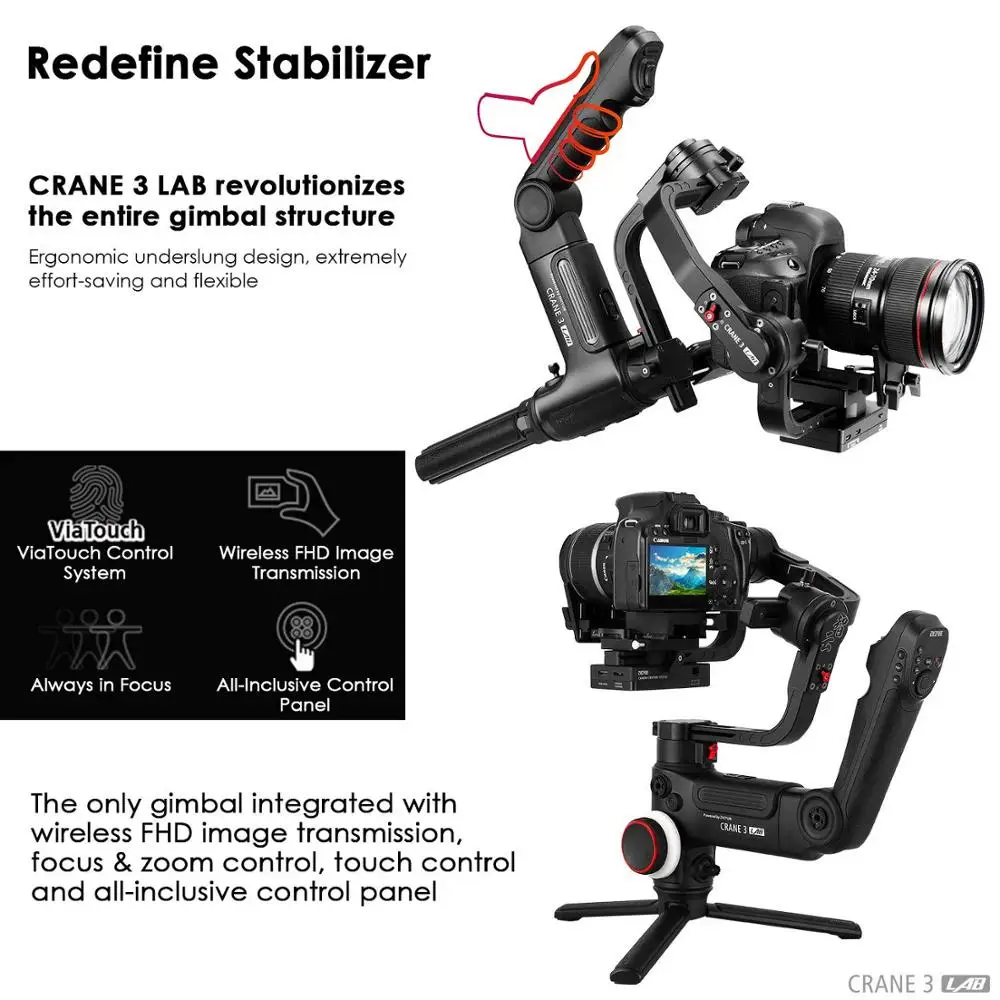 US $485.46 Zhiyun Crane 3 LAB 3Axis Wireless FHD Image Transmission Camera Stabilizer ViaTouch Control Handheld Gimbal For Sony Canon DSLR