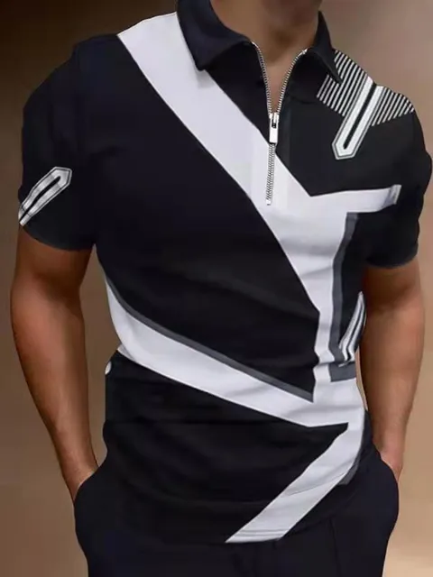 Shirt Fashion Striped Patchwork Short Sleeve Tops For Men Casual Turn-down Collar Zip-up Polo Shirts 2021 Summer Men's Slim Polo PLS-42