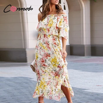 

Conmoto long beach boho summer dresses women plus size ruffles floral chiffon dress one shoulder flounce dresses vestidos