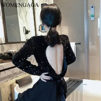 

Loose Caution Machine Sexy Backless T Shirt Sequin Women Clothes 2020 Spring New Fashion Pullover Full Sleeve Tee Top DMY3930