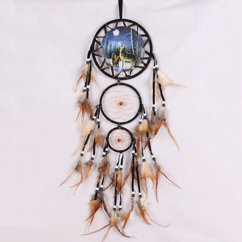 Dream Catcher Wall Decoration Handmade Dream Catcher Creative Wall Decorations Wolf Pattern Boho Retro Feathers Ornament Home Room Hanging Decor