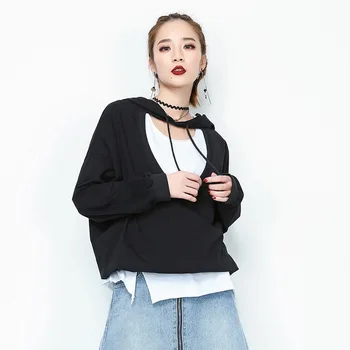 

Black Color Patchwork hoodies Woman Loose Hollow Out Tees For Women 2020 Spring