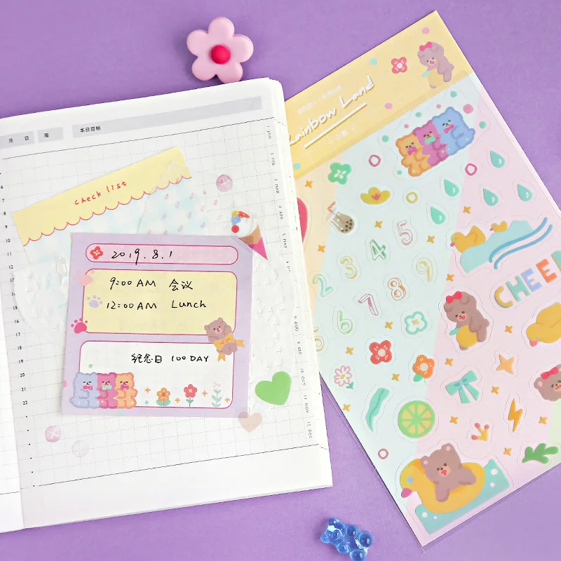 cute rainbow bear small flower sticker bullet journal