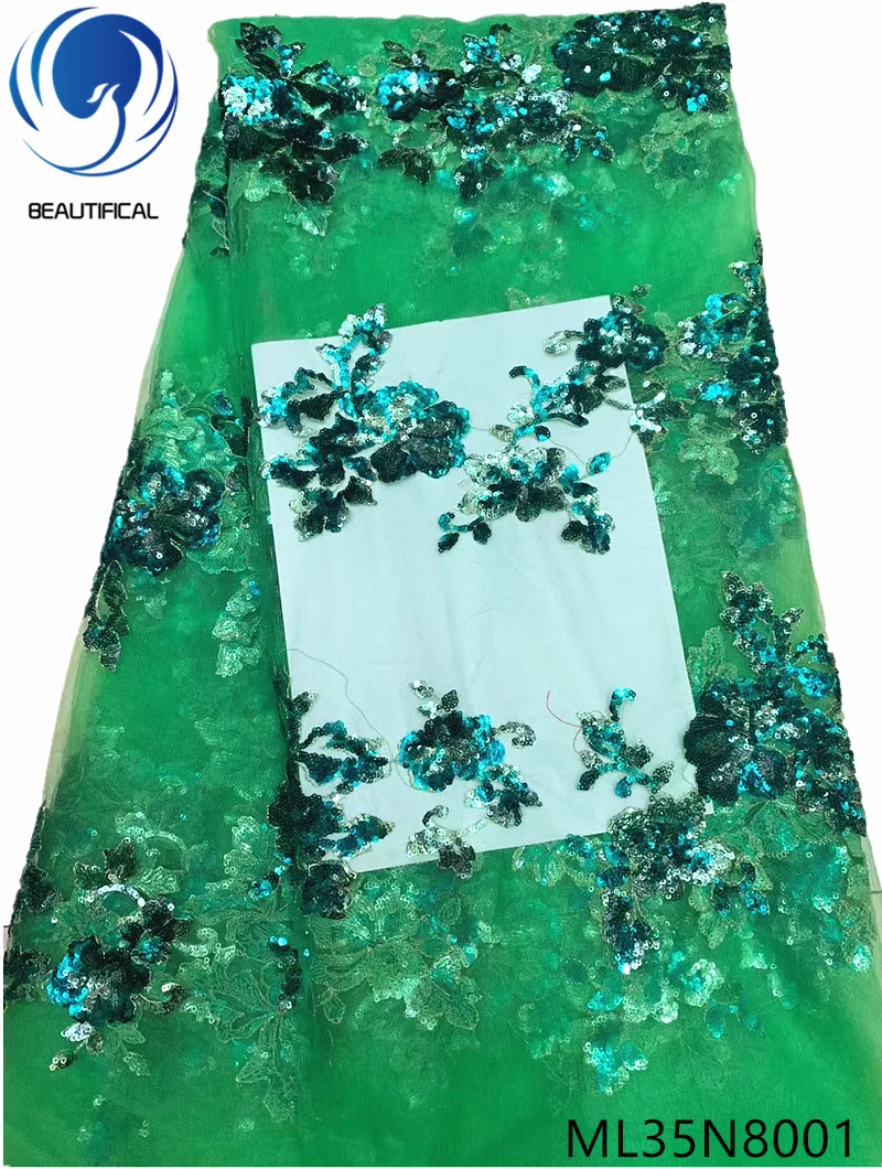 

Beautifical Green french lace fabrics 5yards mesh tulle lace sequins embroidery for dress Hot sale nigerian net lace ML35N80