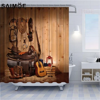 

SAIMOE Cowboy Shower Curtains Cowboy Hat Boots Pattern Bathroom Curtain Music Guitar And Wine Waterproof Bath Curtain Decoration