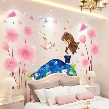 

[shijuekongjian] Cartoon Girl Wall Stickers DIY Pink Flower Plants Mural Decals for Kids Rooms Baby Bedroom House Decoration
