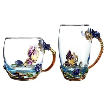 

2 Set Beauty and Novelty Enamel Coffee Cup Mug Flower Tea Glass Cups for Hot and Cold Drinks Tea Cup Spoon Set, Perfect High Typ