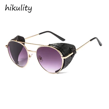

91024b Unisex Metal Round Frame Leather Side Protection Sunglasses for Men Women