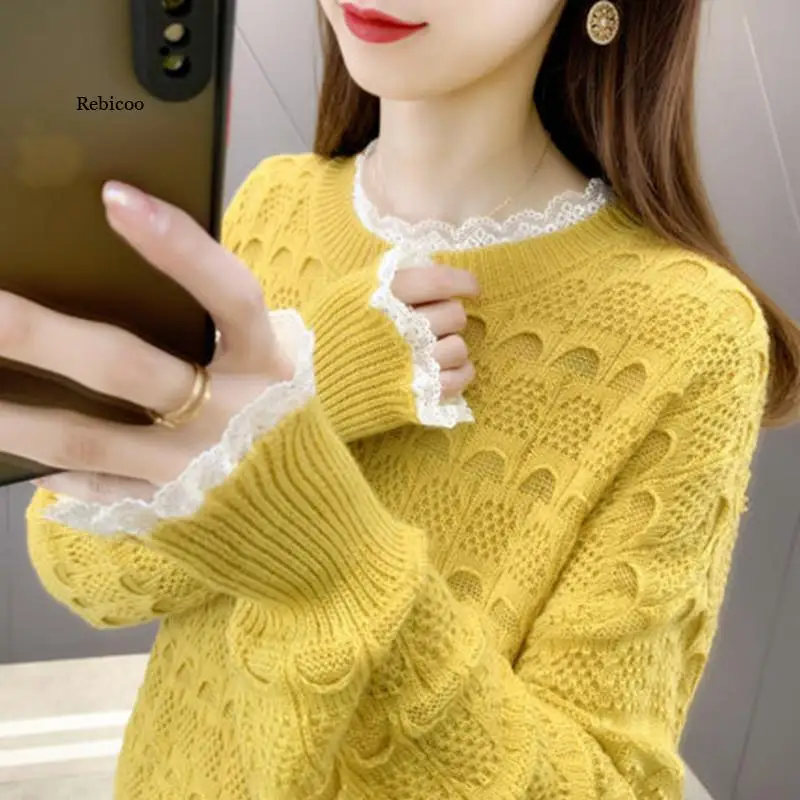 

Модный вязаный свитер, пуловер, женский осенний Новый кружевной лоскутный ажурный трикотажный топ с круглым вырезом и длинным рукавом, свободные женские топы