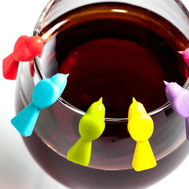 6PCS Food Grade Silicone Multicolor Bird Shape Wine Glass Markers Drinking Cup Identifier Sign Mark Party Supplies Drink Charms