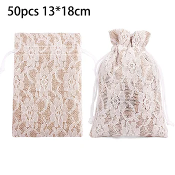 

50pcs 13*18CM Burlap Lace Gift Bags W/Twine Wedding Favor Jewelry Pouch Portable Linen With Drawstring