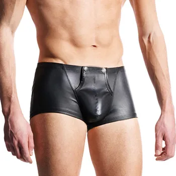 

Plus Size Sexy Men Boxers Open Crotch Faux Leather Lingerie Stage U Convex Pouch Black Patent Leather Boxers Shorts Underwear