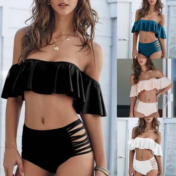 

High Waist Ruffles Style Bikini Set Women Swimwear 2020 Summer Strapless Swimsuit Women Bathing Suit Pure Color Push Up Padded