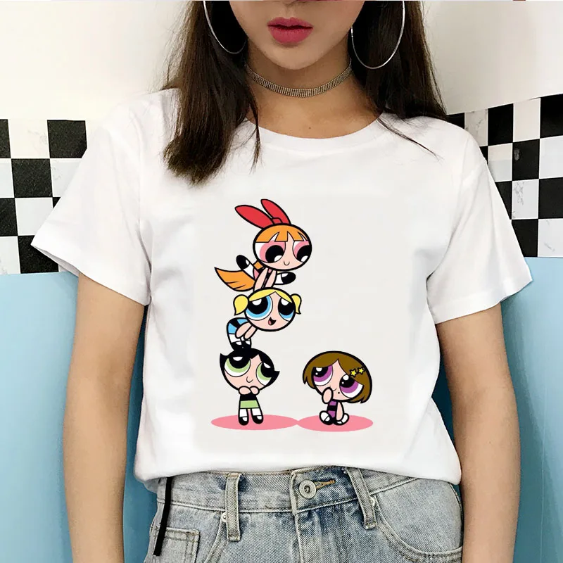 2020 New Summer Kawaii White Tops Powerpuff T Shirt Girls Harajuku Funny Cartoon Printed Cute T-shirts Women's Fashion Clothing