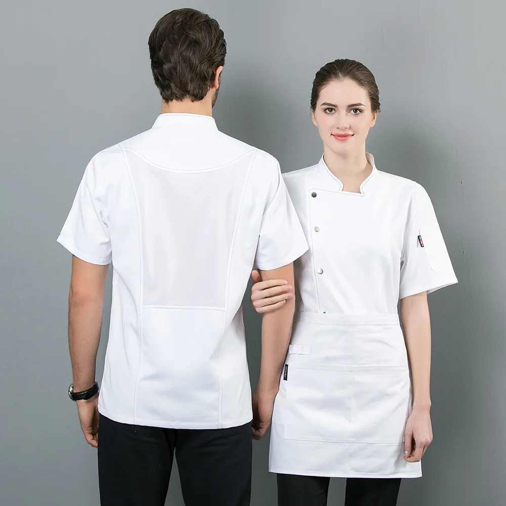 unisex Short sleeved cooker Work shirts Double Breasted Restaurant Kitchen Chef Jackets black and white hotel catering workwear