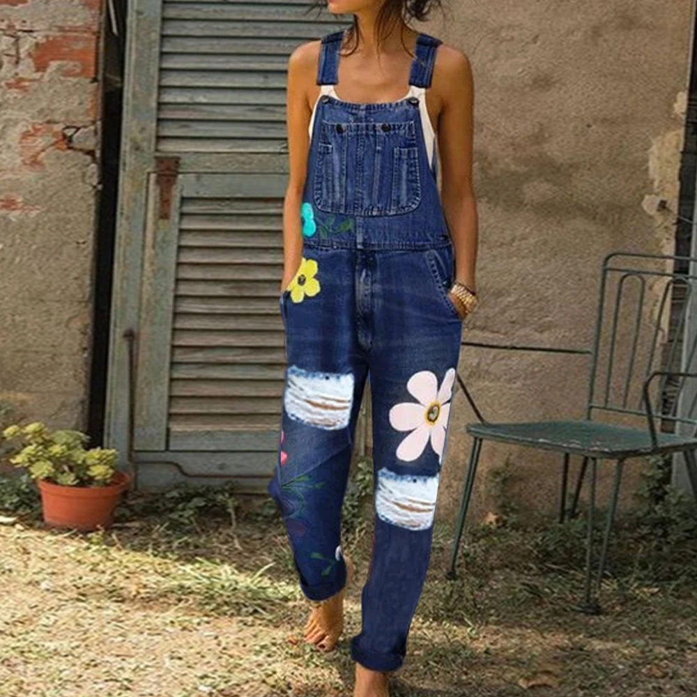 LASPERAL брендовый Осенний комбинезон, женские синие длинные джинсы, повседневные джинсы с цветочным принтом и карманами, комбинезон, Модный женский длинный комбинезон
