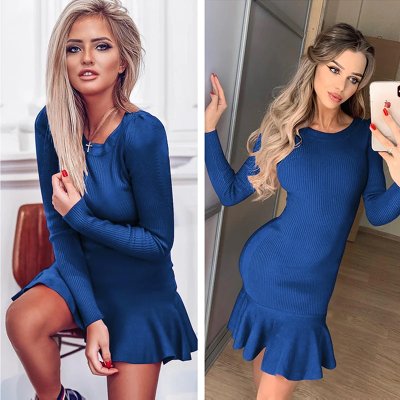 Синий BornToGirl весна осень зима для женщин с длинным рукавом Круглый вырез синий серый зеленый красный коричневый тонкое платье - Цвет: Синий